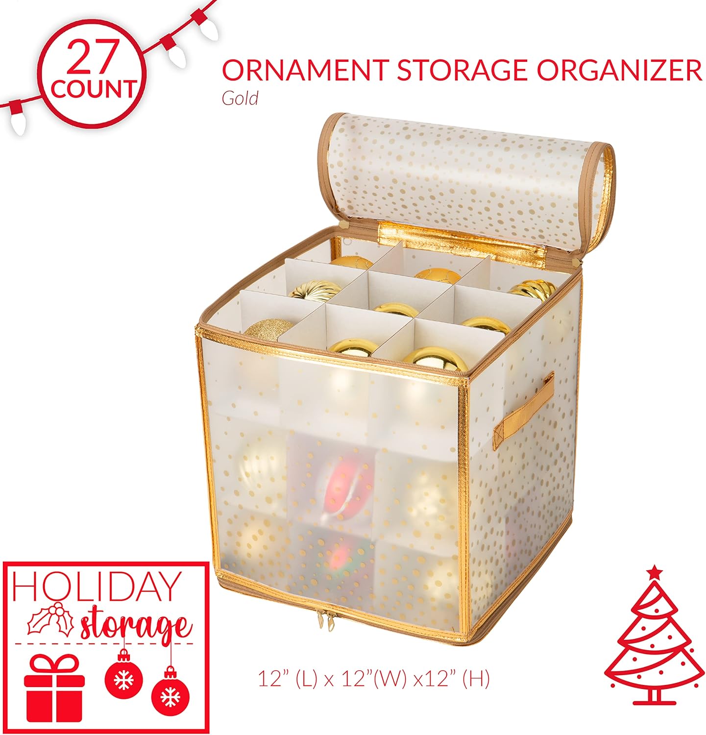 Ornament Storage Organizer for 112 Ornaments | Zipper Closure | Space-Saving Red Design