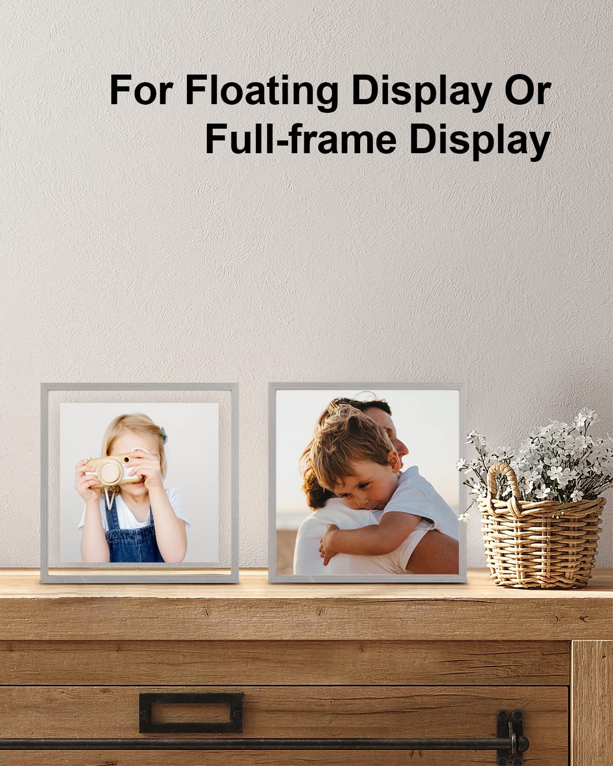 Egofine 8x8 Floating Frames Set of 2, Double Plexiglass Picture Frame, Made of Solid Wood Display Any Size Photo up to 8x8, Wall Mount or Tabletop Standing, Light Grey