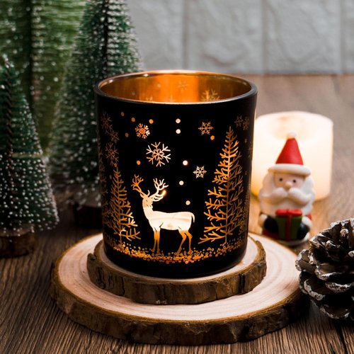 Black And Gold Glass Tealight Candle Holders Set Of 3 | Christmas Elk, Tree, Snowflake Design