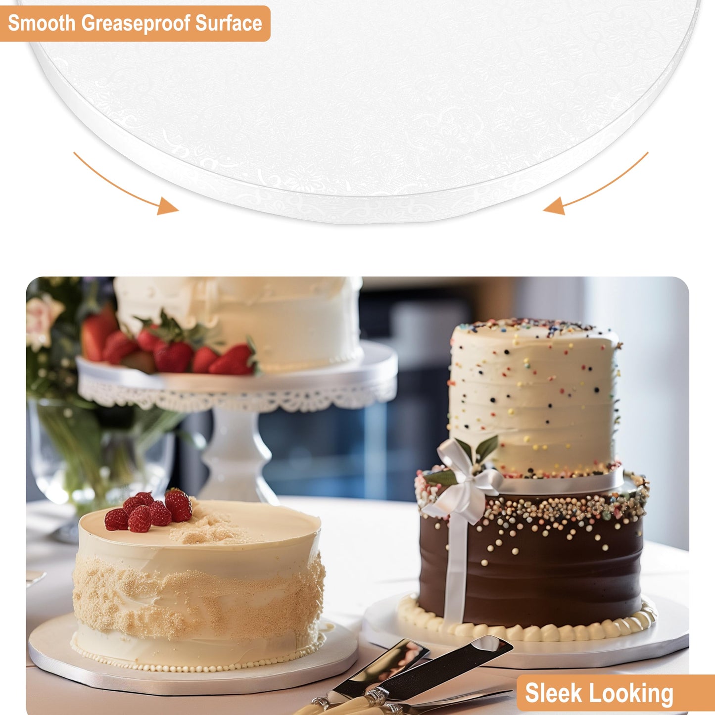 Sleek Cake Drums 8 inch in White, Silver, Gold, Black Color (14 Pack) | 1/2" Thick CakeBoard Circle Rounds + Free Prop Up Tools | Sturdy for Heavy/Tiered Cakes