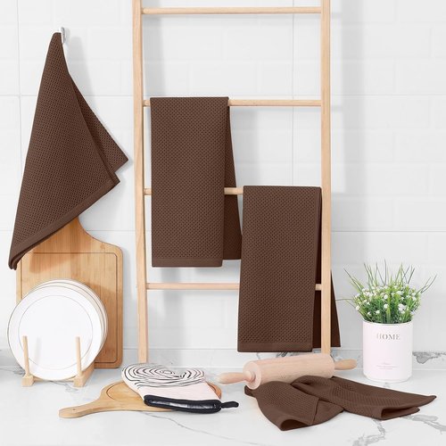 Homaxy Kitchen Dish Towels - Ultra Soft 100% Cotton Waffle Weave, Quick Drying, 12-Pack, Coffee Color, 13 x 28 Inches