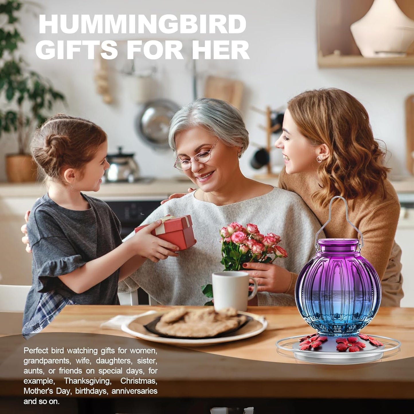 Skiennix Glass Hummingbird Feeder - 26Oz Outdoor Nectar Feeder with Perch & 5 Feeding Ports | Purple Blue