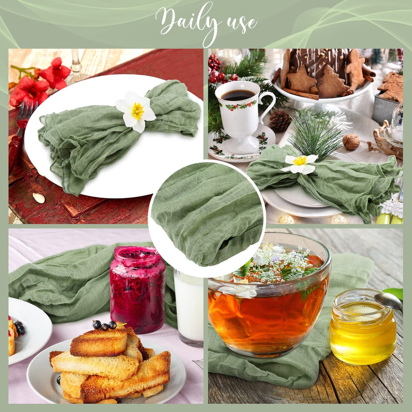 Mixweer 100 Pieces Gauze Cheesecloth Napkins 19.7 x 19.7 Inch with Wrinkled Decorative for Home Wedding Baby Shower Rustic Table Decoration(Sage)