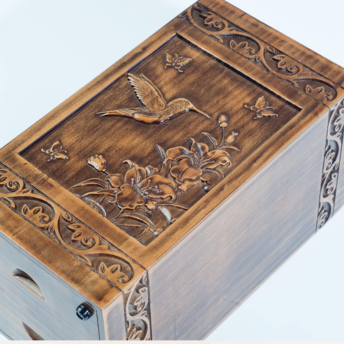 Handmade Wooden Engraved Urn for Human Ashes Adult Male Female Satin Bag Cremation urns Box (Butterfly(250lbs))