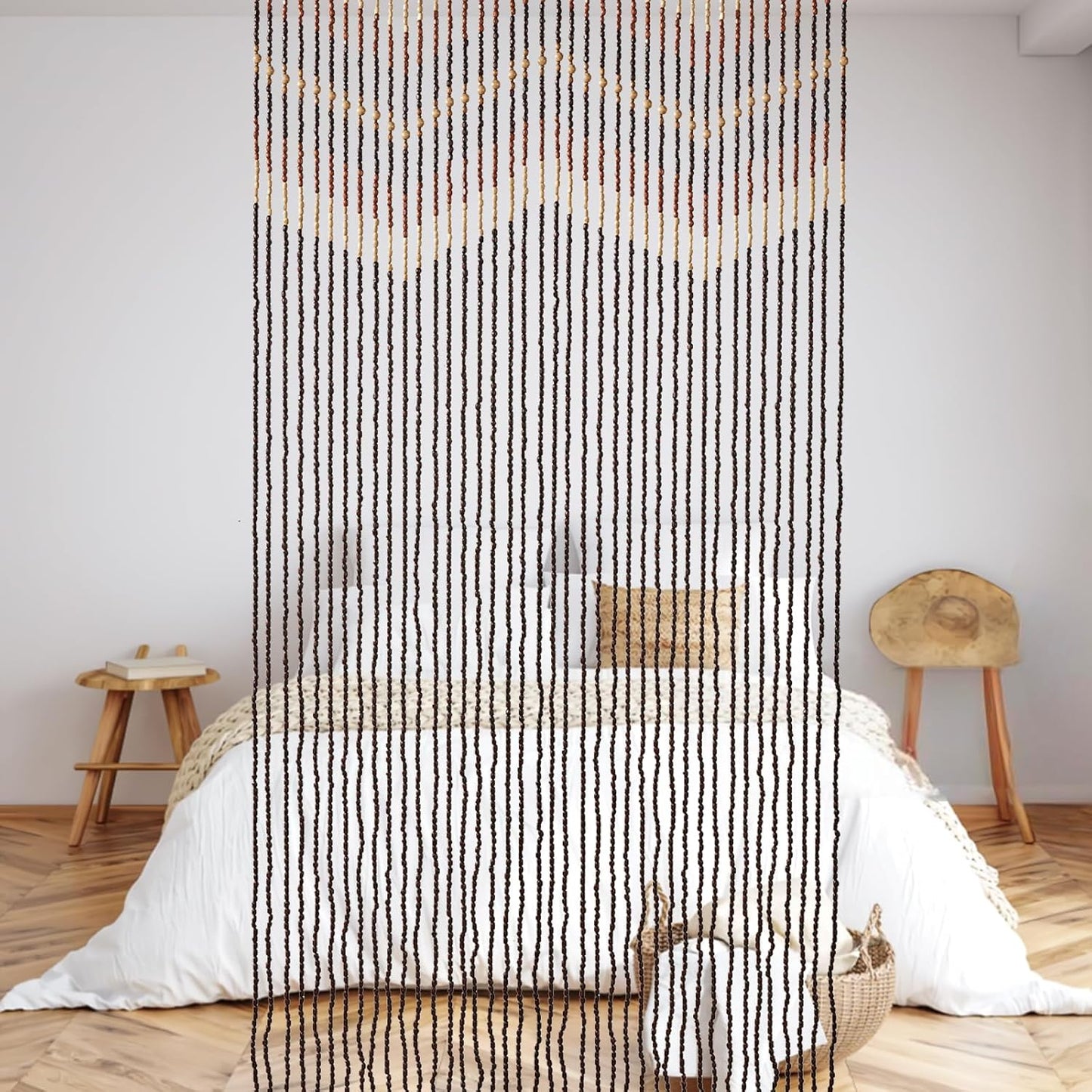 35.5" x 75" Bamboo and Wood Beaded Curtain for Doorway 52 Strands Handmade Bohemian Door Beads Curtain Boho Hanging Room Divider for Bedroom Living Home Deco, Beige