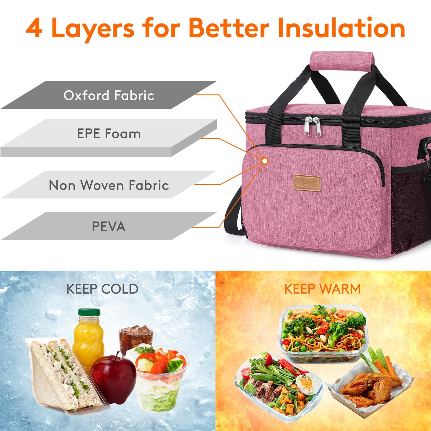Lifewit Medium Lunch Bag, Insulated Lunch Box, Soft Cooler Cooling Tote for Adult Men Women, Pink 12-Can (9L)