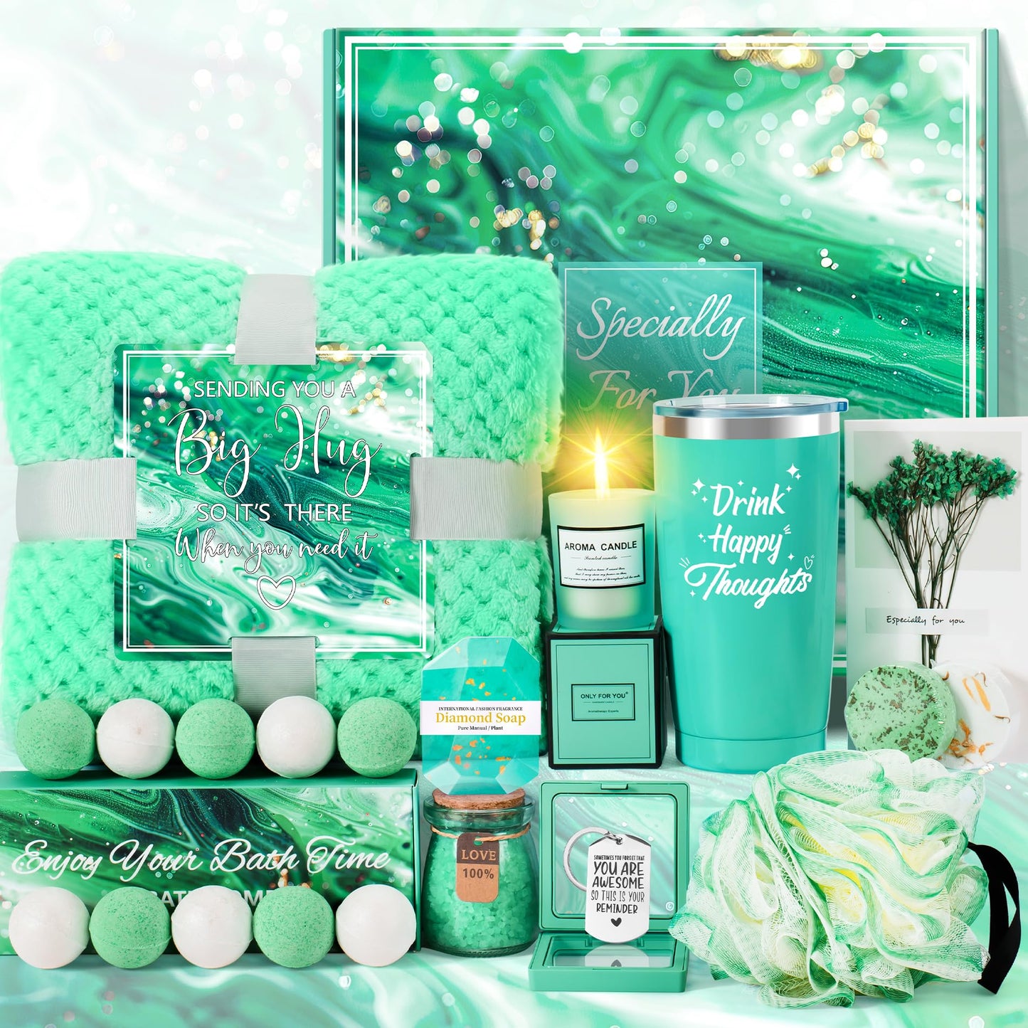 Gifts for Women, 21PCS Self Care Gifts Get Well Soon Gifts, Ocean Relaxing Care Package for Women w/Luxury Flannel Blanket, Unique Birthday Idea for Mom Wife Sister