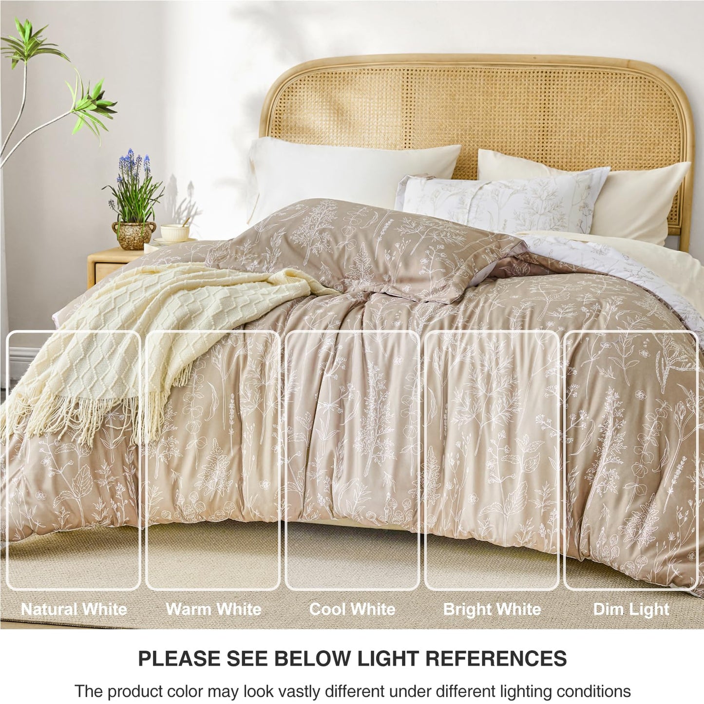 Love's cabin Light Taupe Full Comforter Set - Full Size Comforter Set, 3 Pieces Cute Floral Bedding Sets for All Seasons,1 Soft Reversible Botanical Flowers Comforter and 2 Pillow Shams
