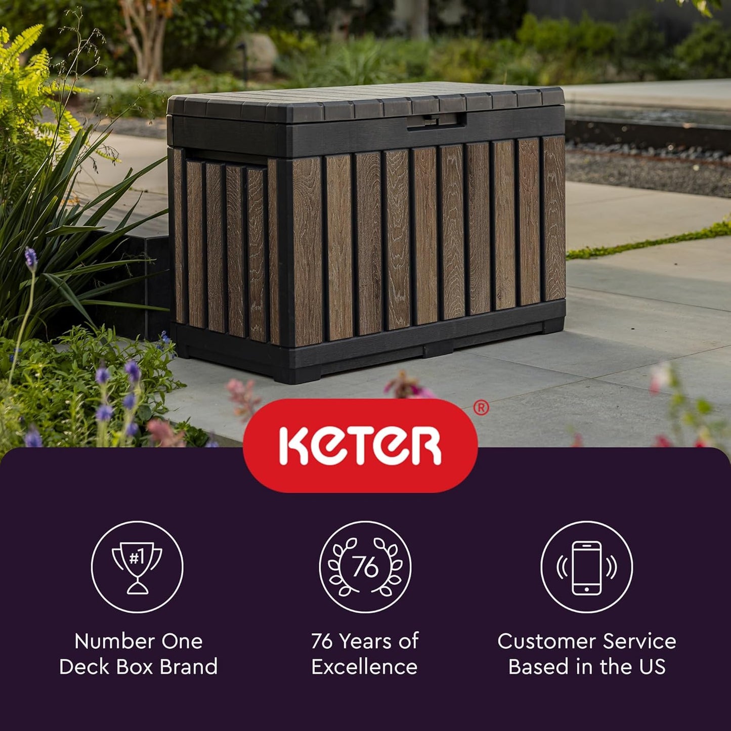 Keter Signature Everwood 50 Gallon Resin Deck Box - Stylish Storage for Patio Cushions & Garden Tools | Walnut