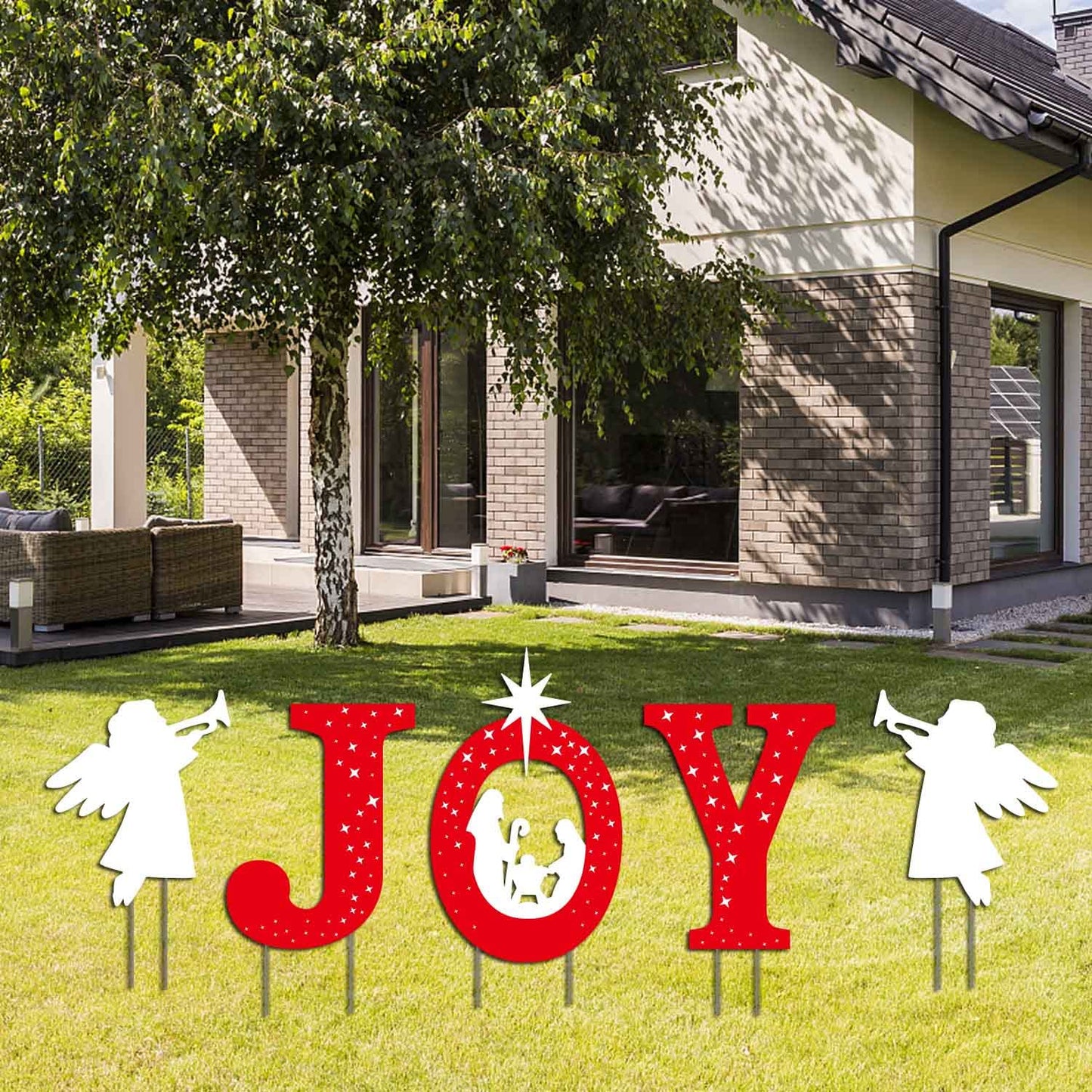 5 Pcs Large Outdoor Christmas Decorations -Joy Nativity Sets for Christmas Outdoor Xmas Nativity Lawn Religious Scenes Yard Decor with Stake for Home Lawn Pathway Walkway, Red, White