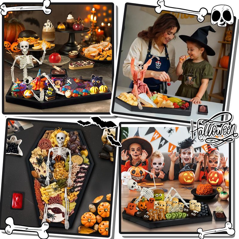 Fayavoo Wood Halloween Coffin Charcuterie Board with Skeleton Patter, Black Coffin Serving Trays with Dipping Saucer, Spooky Halloween Platters for Food Snack Candy Cheese Party Serving Dishes