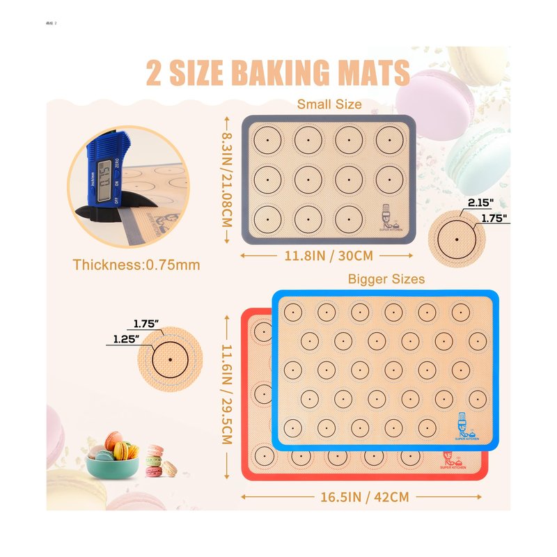 Silicone Baking Mat Macaron - Set of 3 (2 Half Sheet Liners and 1 Quarter Sheet), Non Stick Silicon Cookie Oven Liner For Macaroons, Bake Pans, Pizza, Toaster, Cake and Bread Making (Red,Blue,Gray)