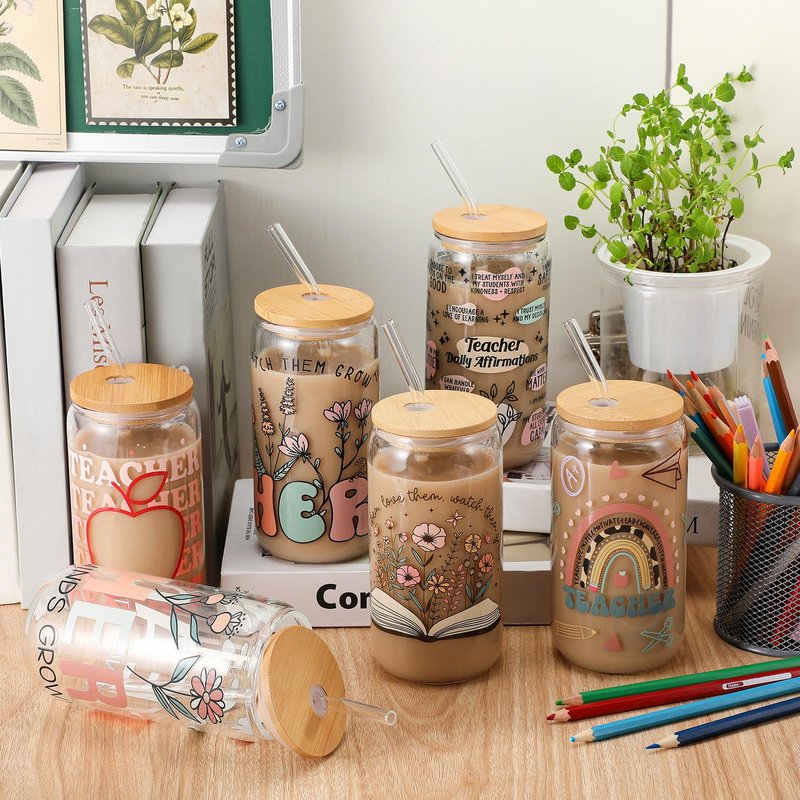 RimCereal 6 Pcs Teacher Appreciation Gifts 2026 Bulk 16 oz Floral Teacher Glass Cups with Lid and Straw Iced Coffee Tumbler Thank You Gifts for Kindergarten Preschool Retirement Graduation Educator