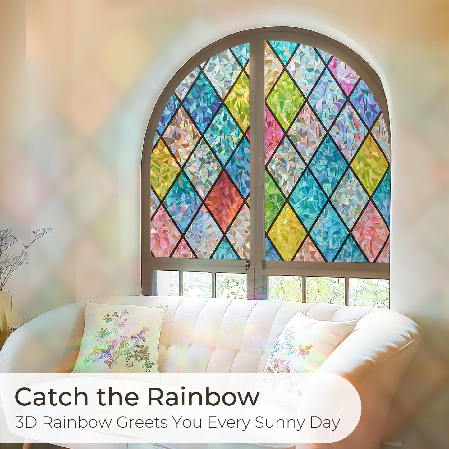 Windimiley Stained Glass Window Privacy Film:3D Rainbow Floral Decorative Frosted Static Cling Bathroom Heat Control Sun Blocking Window Sticker Non Adhesive Door Window Covering(23.6 x78.7in,Lattice)