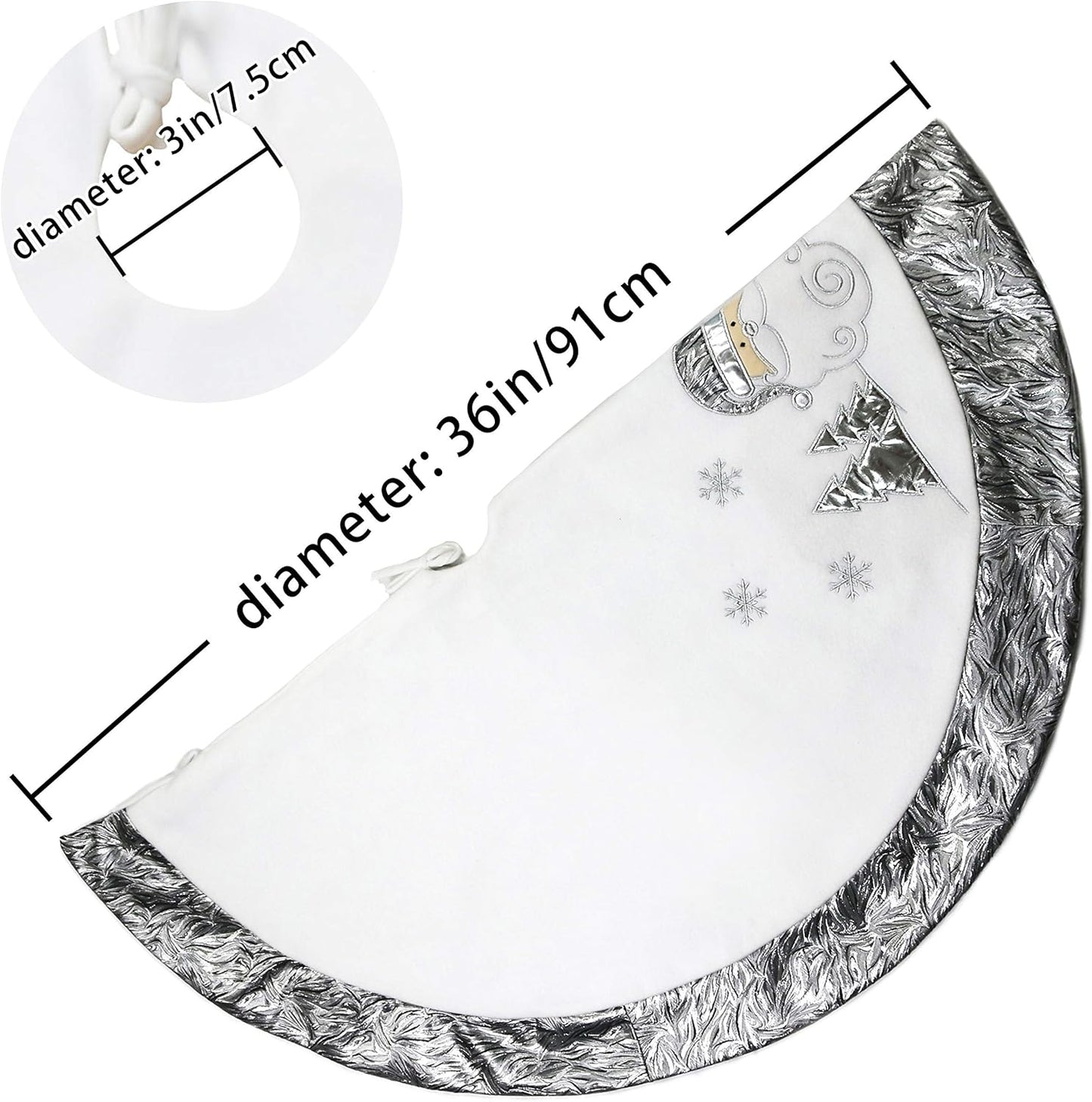 Luxury 36'' Snowman Christmas Tree Skirt - Silvery White Embroidered Snowflake with Satin Border