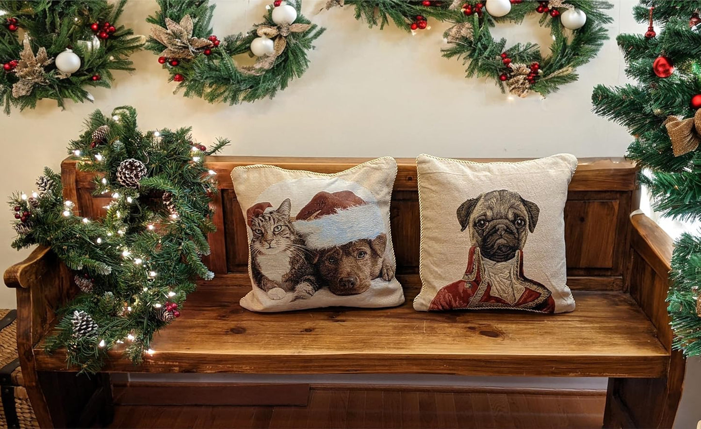 Christmas Cat & Dog Throw Pillow Covers - 2 Piece Holiday Cushion Set