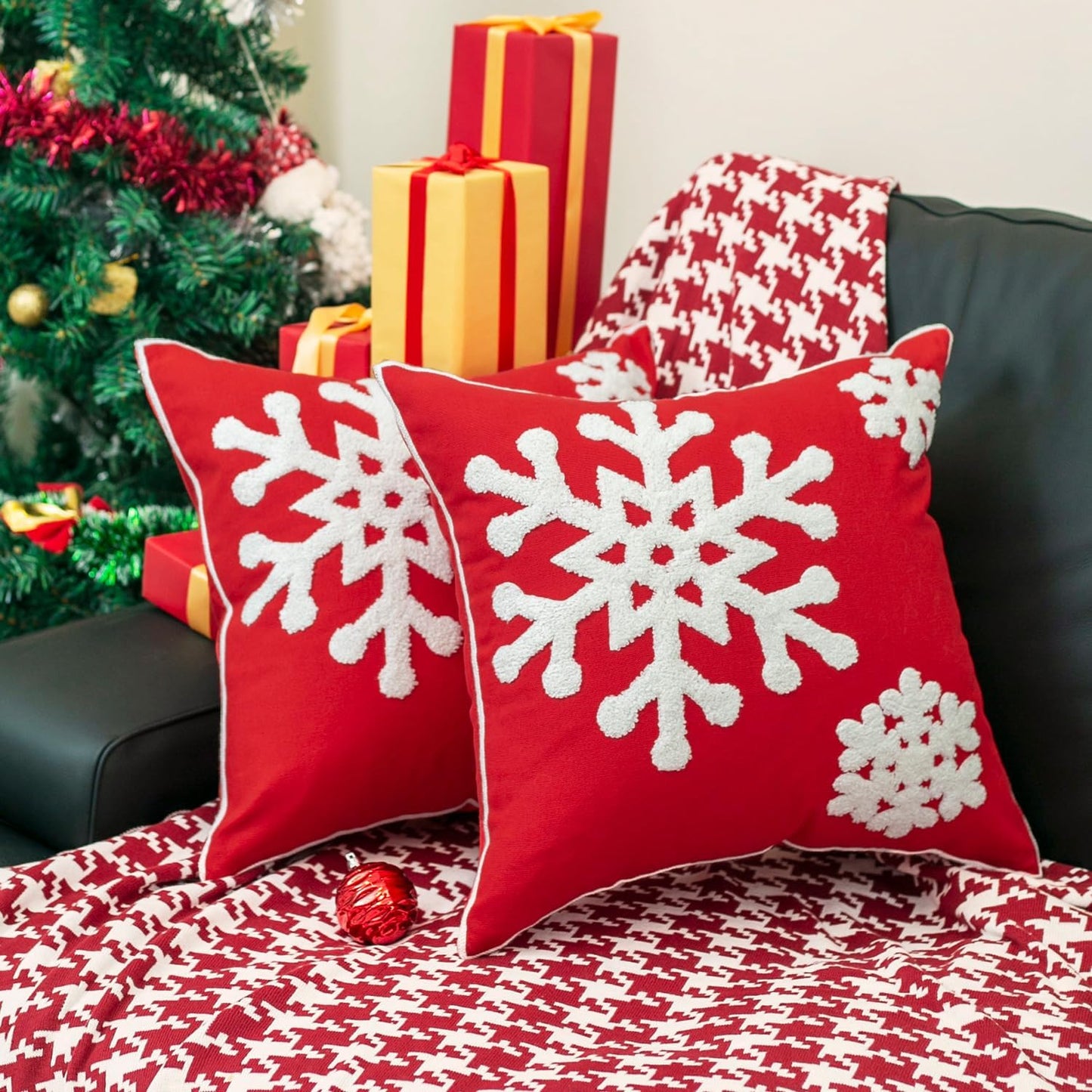 Christmas Snowflake Embroidered Throw Pillow Covers - 18x18 Cotton Linen, Set of 2