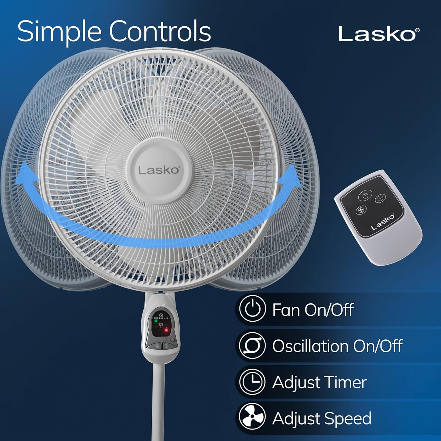 Lasko Elegance and Performance Pedestal Stand Fan, 3-Speeds, 90 Degree Oscillation, Adjustable Height, Timer, Remote for Indoor, Bedroom, Living Room, Home Office, Dorm Use, 18 Inch, White, 1850