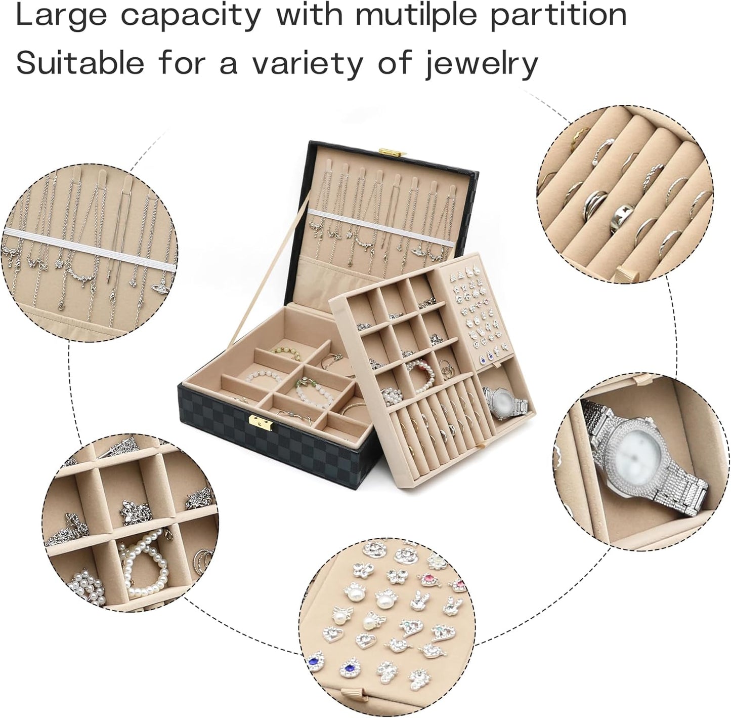 Jewelry Organizer Box, Jewelry Box Organizers for Women Girls, 2 Layers Large Leather Jewels Storage Case for Earring, Rings, Necklaces, Bracelets, Big and Small Jewellery, Watch, Ideal Gift (Brwon)