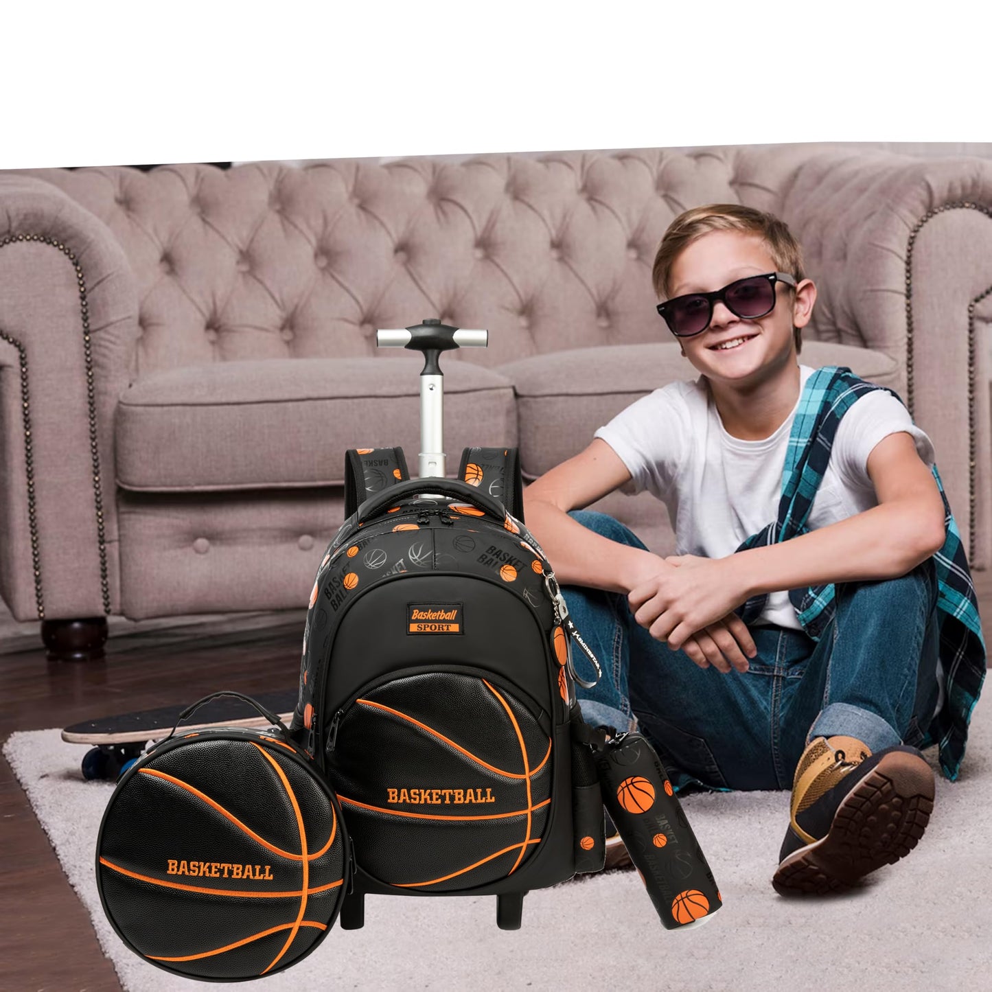 MYHSBYO Dinosaur Rolling Backpack Boys Kids Wheeled Backpack Carry On Luggage Bookbag with Roller Set for Elementary School