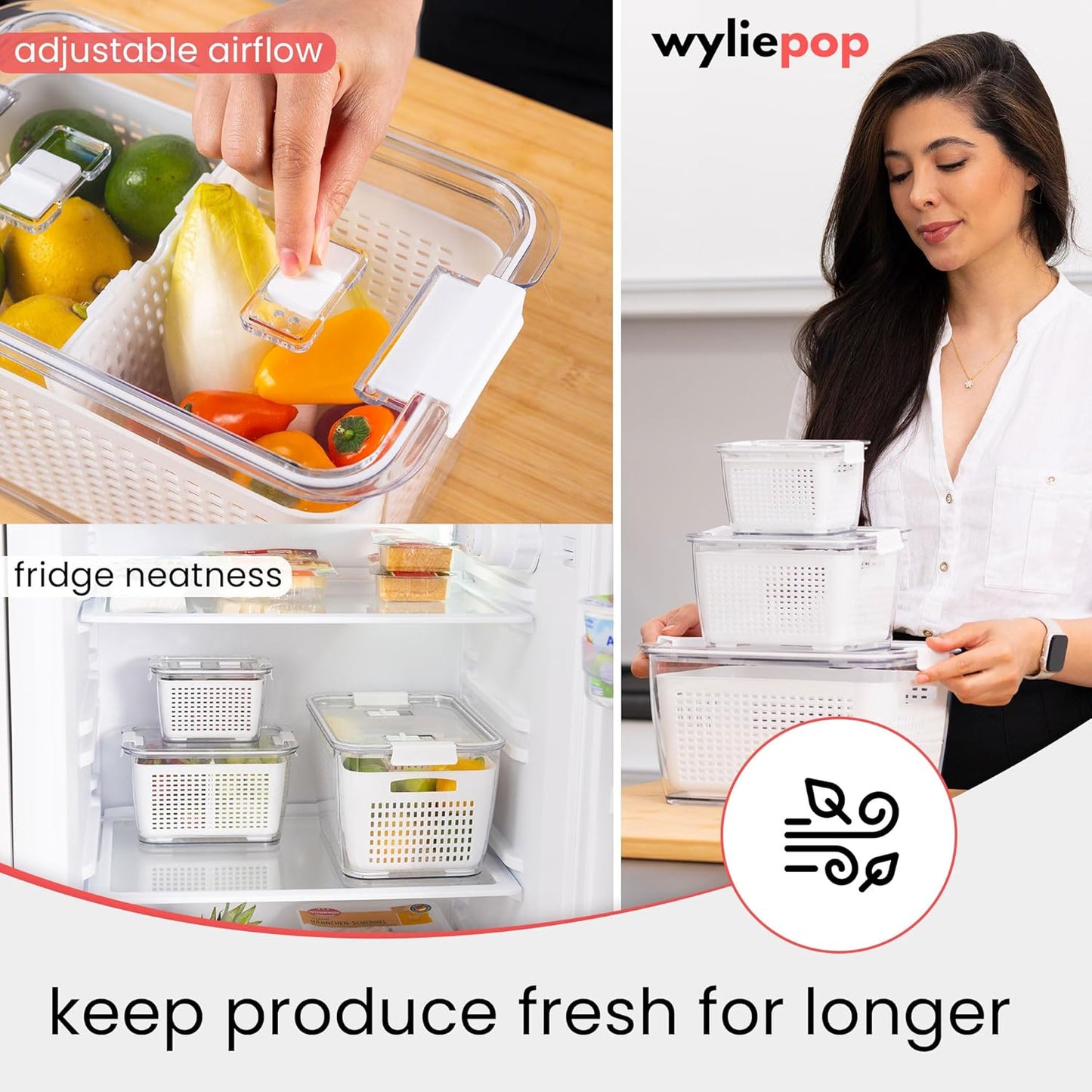 Premium Fruit Storage Containers - 3-in-1 Produce Organizer with Strainer & Colander | Large Clear Set of 3