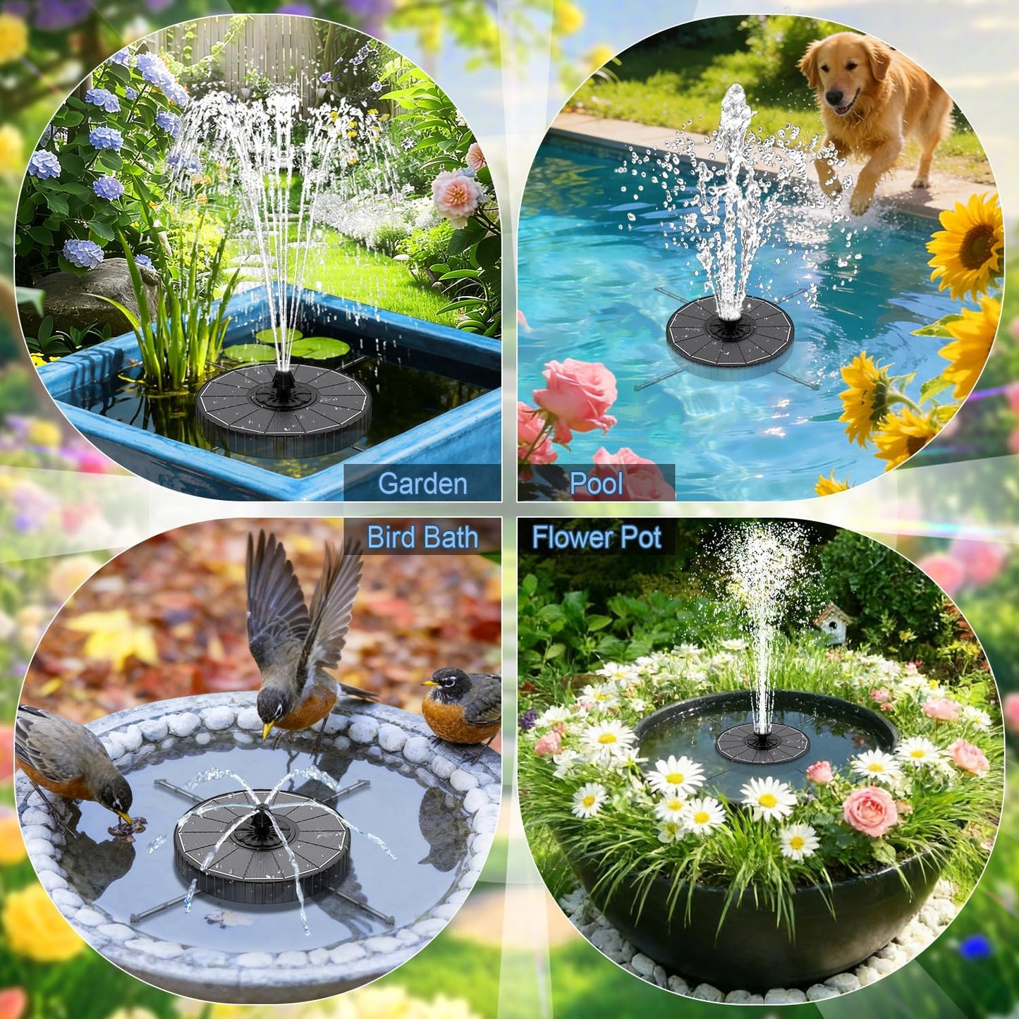 Yzert Solar Fountain - 3-Level Adjustable Water Height & 7 Nozzles | 2000mAh Battery for Garden & Pond