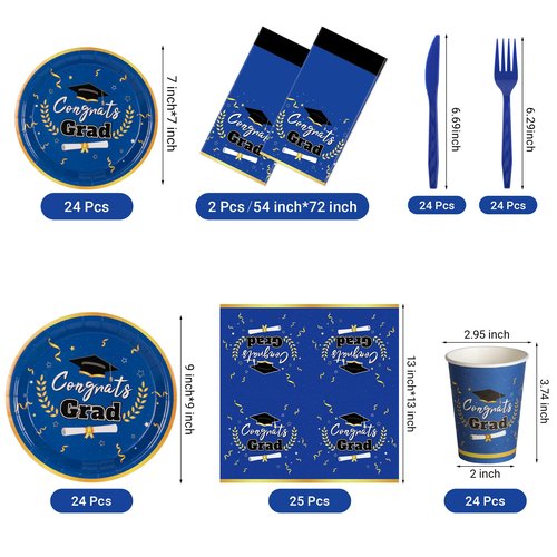 Graduation Decorations Class of 2026 Graduation Party Decorations,147 PCS Disposable Congrats Grad Tableware,Blue and Black Tablecloth Knives Fork Plates Napkin Cups for School,College,Party,Serve 24
