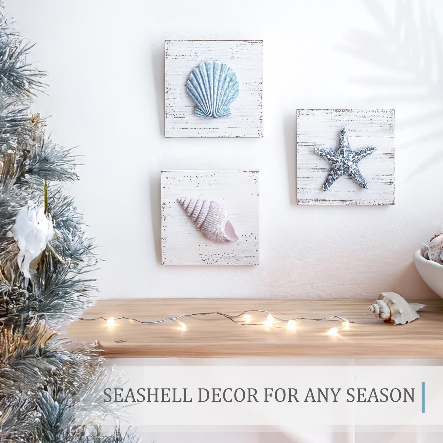 TideAndTales 3D Beach Wall Art - Seashell with Starfish for Coastal Bathroom Decor, Ocean Inspired Decor for Bathroom, Coastal Bedroom, Living Room or Beach House, Set of 3 (6”x 6”)