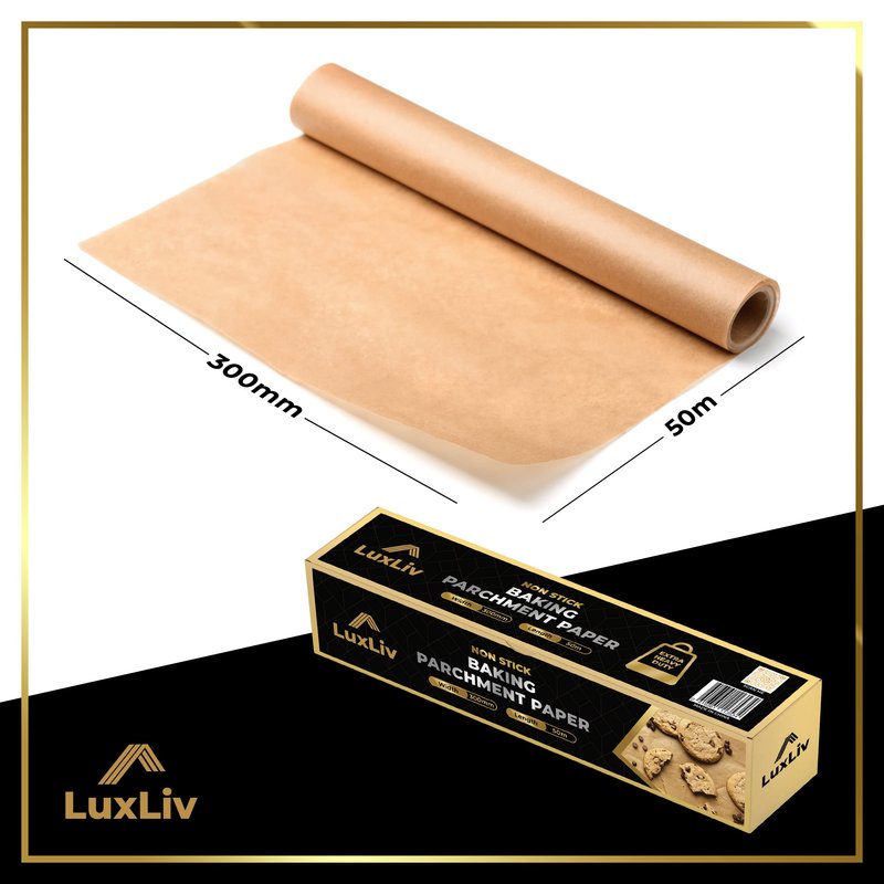LuxLiv® Unbleached Brown Parchment Paper Roll – Natural Non-Stick Baking Paper, Heavy Duty & Greaseproof, Oven & Air Fryer Safe Baking Roll for Cookies, Bread & Cooking – 30cm x 50m
