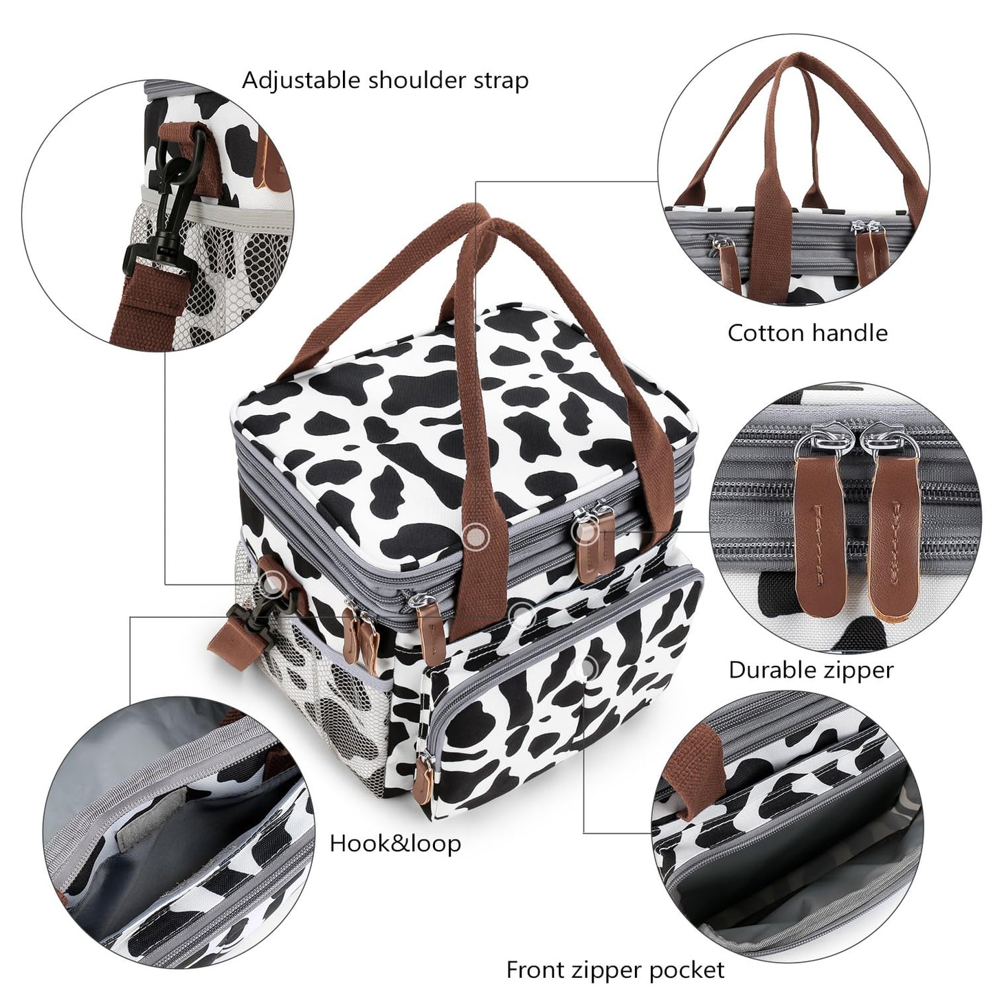 MEYTEILAY Lunch Bag for Women Men Expandable Double Deck Lunch Box Large Lunch Bags Leakproof Insulated Reusable Lunch Cooler Bag(Cow Print)