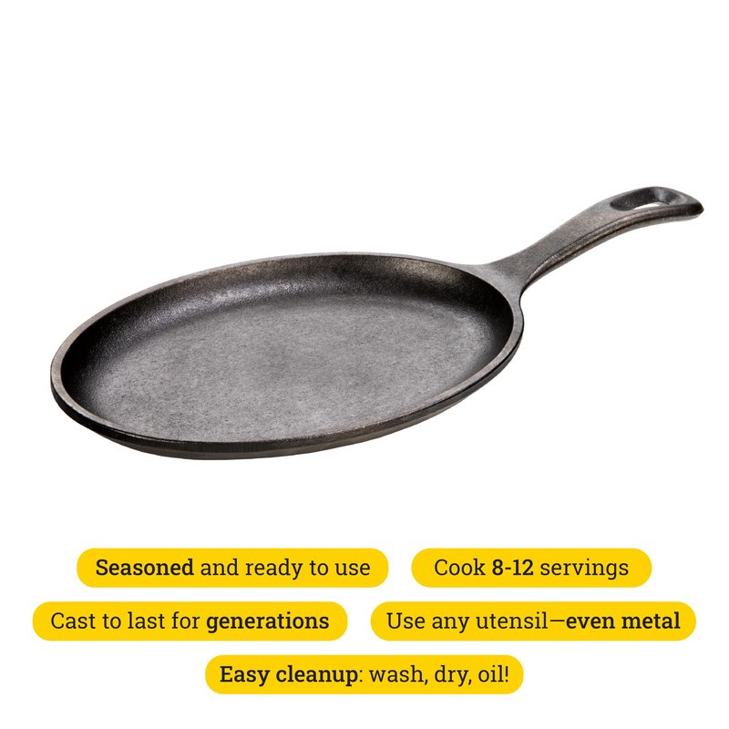 Lodge 10 x 7.5 Inch Cast Iron Oval Serving Griddle - Cast Iron Fajita Pan with Signature Teardrop Handle - Fajita Skillet for Use in the Oven, on the Stove, or on the Grill or Over a Campfire - Black