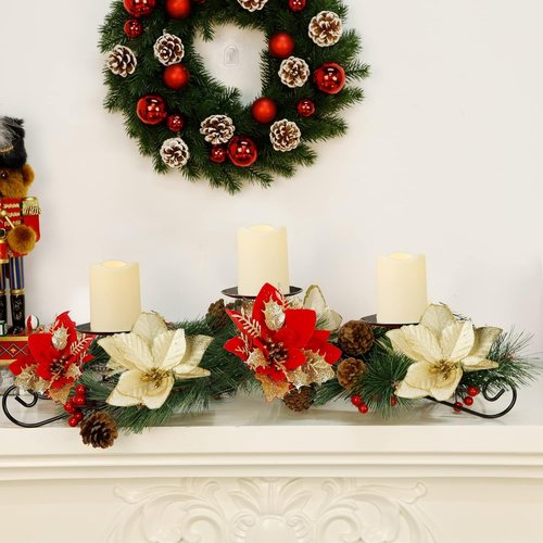 Joliyoou Christmas Poinsettia Candle Holder - 17.5" Tabletop Centerpiece with 3 Battery Operated Lights