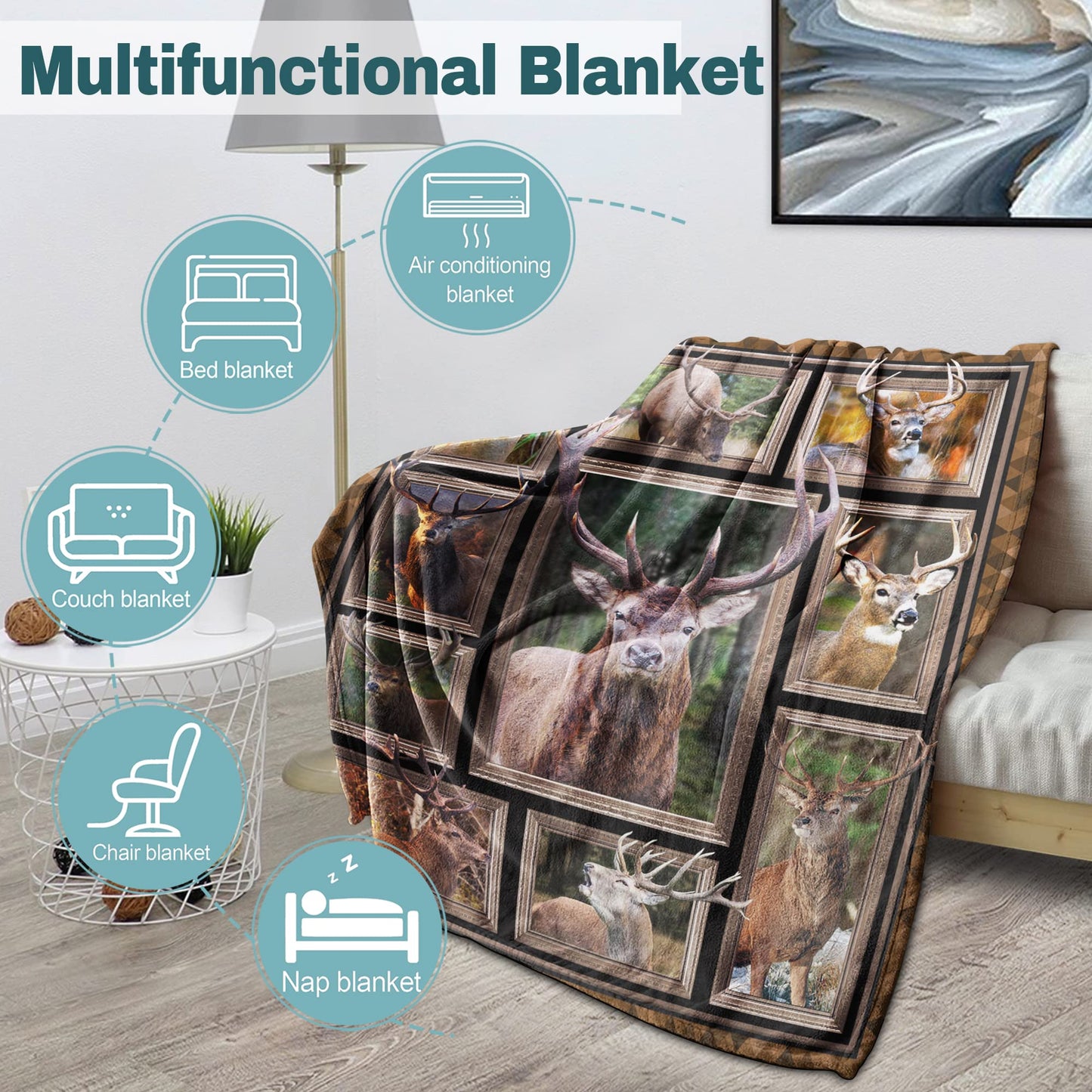 Buck Deer Blanket Hunting Gift for Men Soft Flannel Fleece Throw Blanket for Sofa Couch Bed Chair Lightweight Plush Fuzzy Lap Blankets and Throws Christmas Birthday Gift 50x60inches