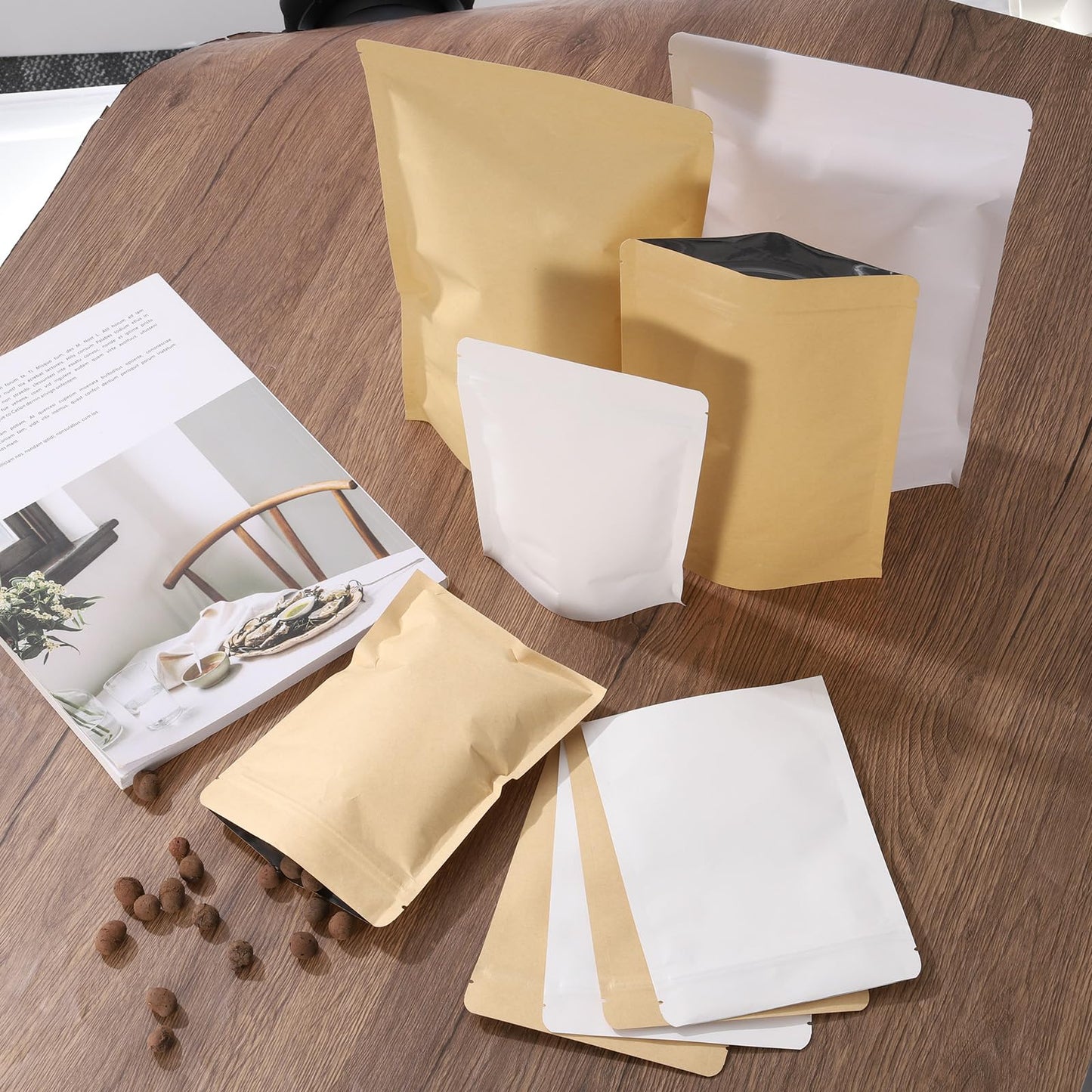 uxcell 50pcs Kraft Stand Up Pouches Sealable Paper Bags Foil Resealable Seal Pouches Packaging Zipper Bags for Food Storage Sample Package, Yellow, 7x11.8 Inch