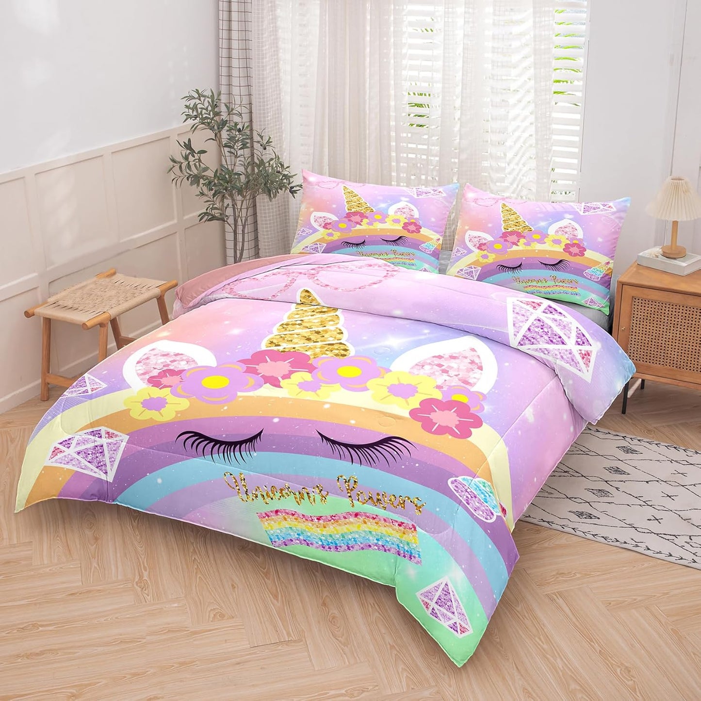 Peopleareok Unicorn Full Comforter Set for Girls Kids, Cute Pink Purple Unicorn Print Bedding Set Full, 5-Piece Bed in a Bag, Kids Cartoon Kawaii Comforter with Sheet Set