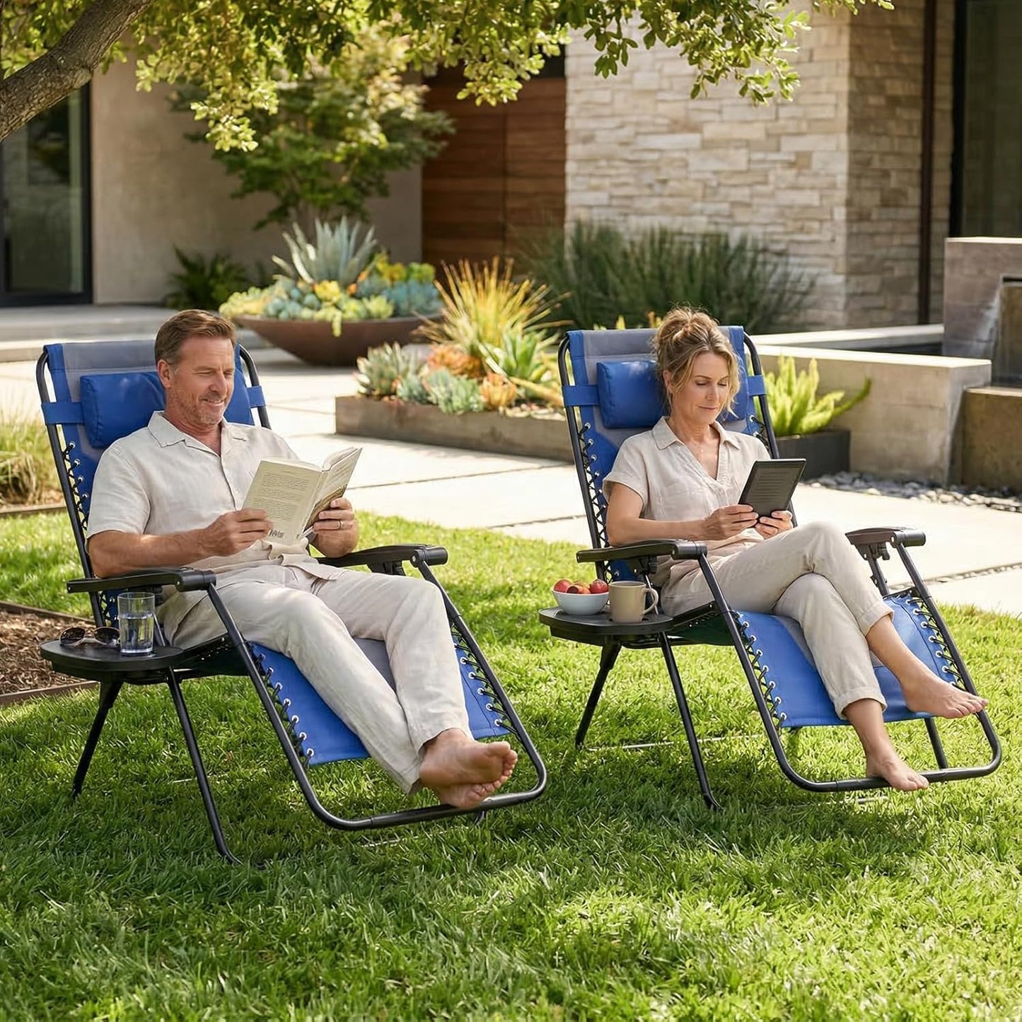 Sweetcrispy Zero Gravity Chairs - Oversized Foldable Patio Recliners with Adjustable Pillow & Cup Holder - Supports 400 lbs (Blue-Gray)