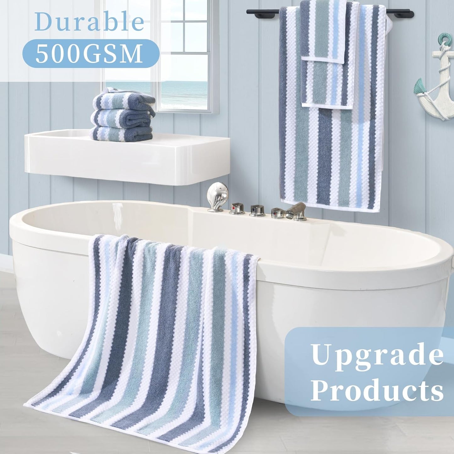 Skiennix Waffle Hand Towels - Quick Dry, Absorbent Cotton Blend | 4PC Set, 16"x27", Blue Gray Stripe & White Checker