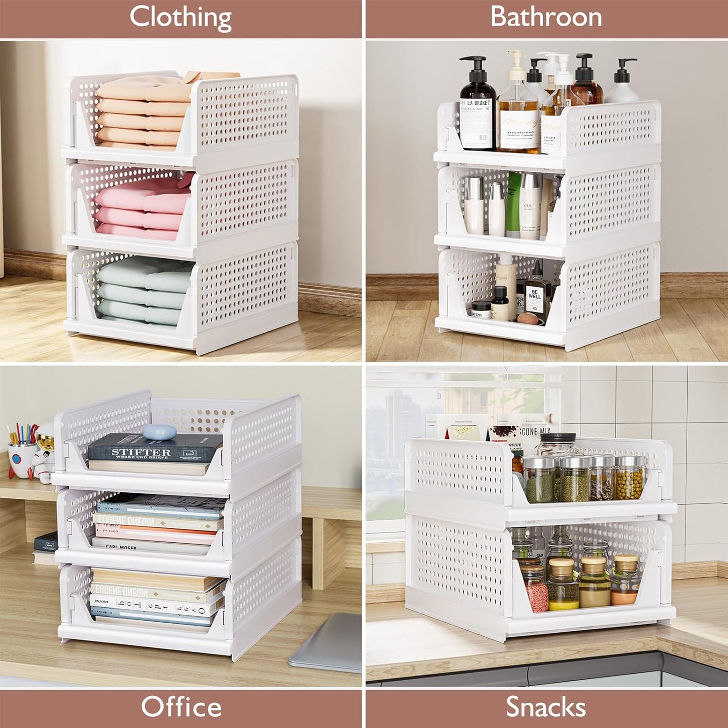 Skiennix 5 Pack Folding Closet Organizers - Stackable Plastic Storage Bins for Home & Office | White 5L