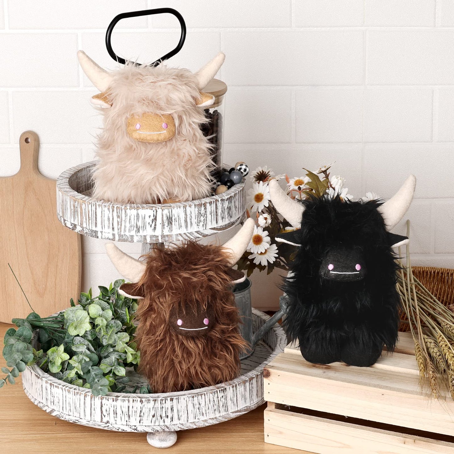 Upltowtme Highland Cow Gnomes Black Brown Cream Scottish Tomte Decor Farmhouse Nordic Dwarf Home Decoration Little Calf Gnomes Herd Collection Travel Gift for Her Set of 3