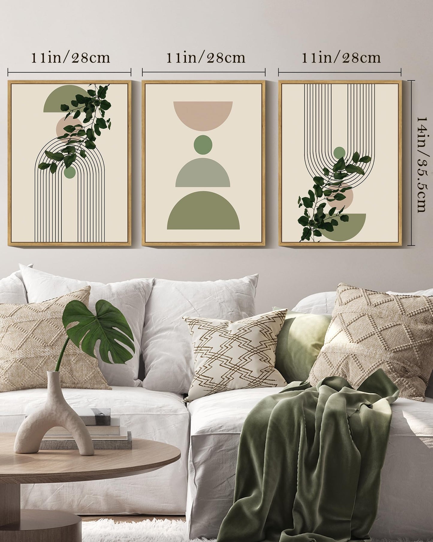 Drsoum 11x14in Green Botanical Boho Wall Decor Framed Modern Sage Bohemian Wall Art Abstract Geometry Canvas Prints Ready to Hang Brown Framed