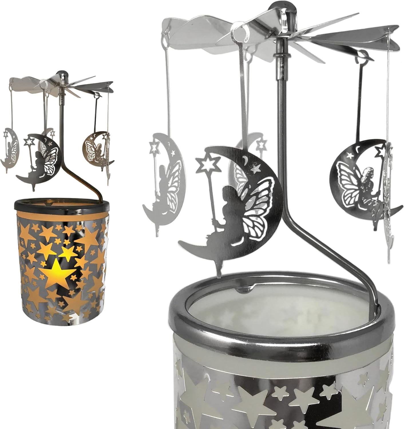 Spinning Moon & Stars Candle Holder - Silver Metal Rotating Tealight Stand - 6.25” Scandinavian Design