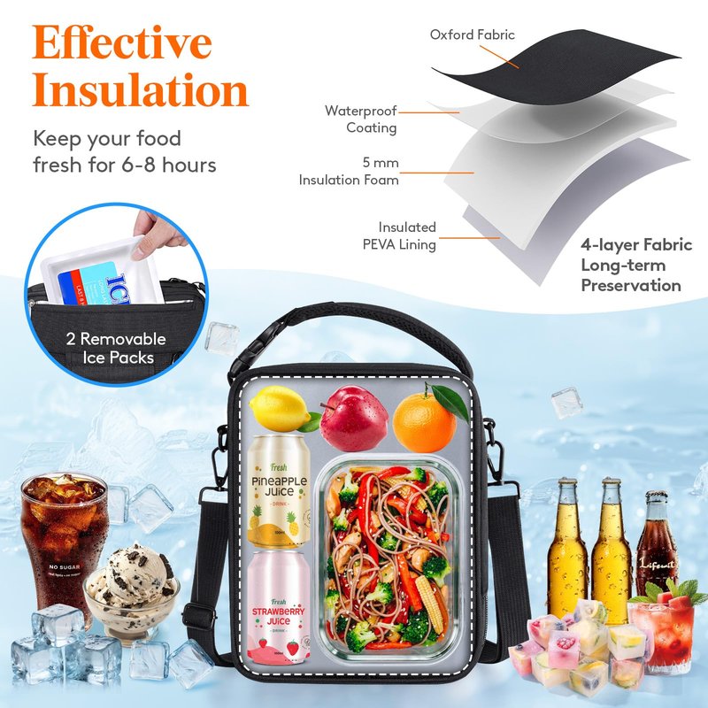 Lifewit Insulated Lunch Box for Men, Expandable Cooler Bag, Freezable Lunch Bag for Women with 2 Ice Packs and Shoulder Straps for Work Travel College, 8.2L Black