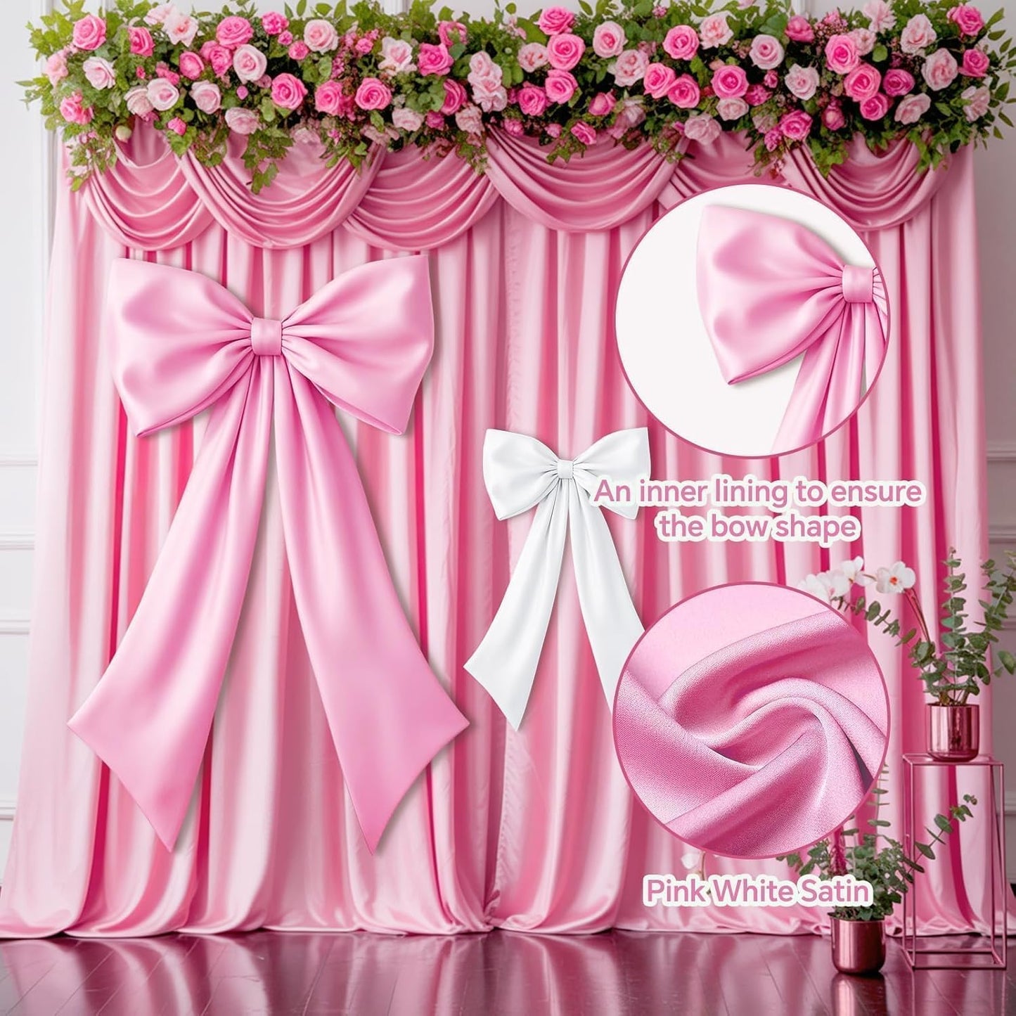 Skiennix Pink & White Bow Decor - 2 Pack Large & Small Coquette Room Backdrop for Events