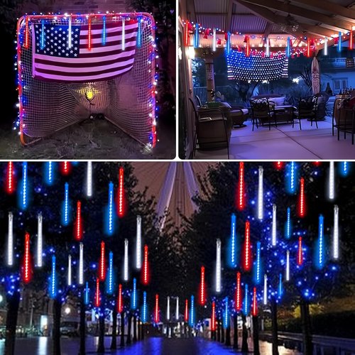 4th of July Decorations Outdoor, USA 250th Anniversary Red White and Blue Solar Meteor Shower Lights, 18 Tubes 432 LEDs Waterproof Patriotic String Lights for Independence National Memorial Day Decor
