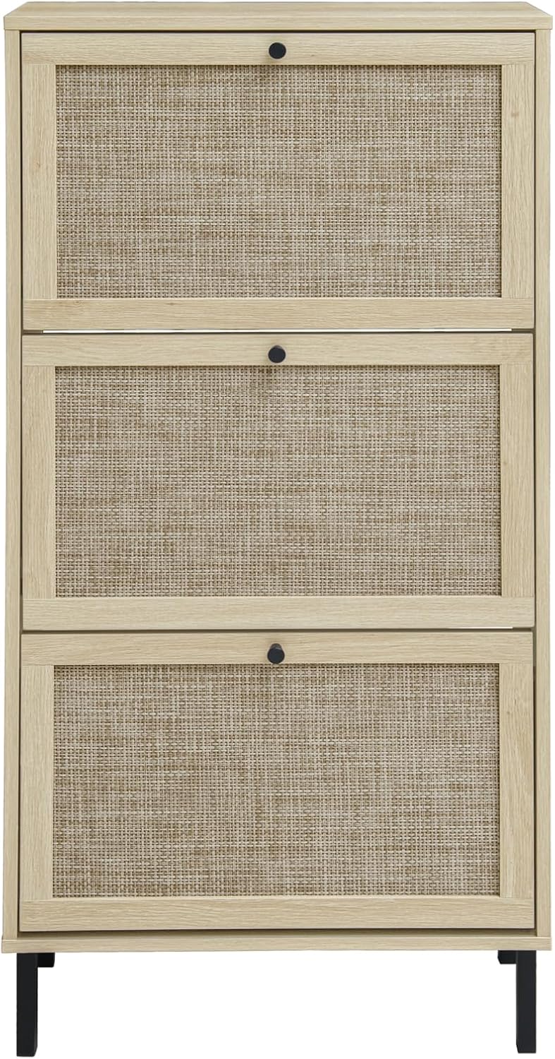 ZeHuoGe Natural Rattan Shoe Storage Rack - Modern 3-Tier Cabinet with 3 Flip Drawers for Heels & Slippers