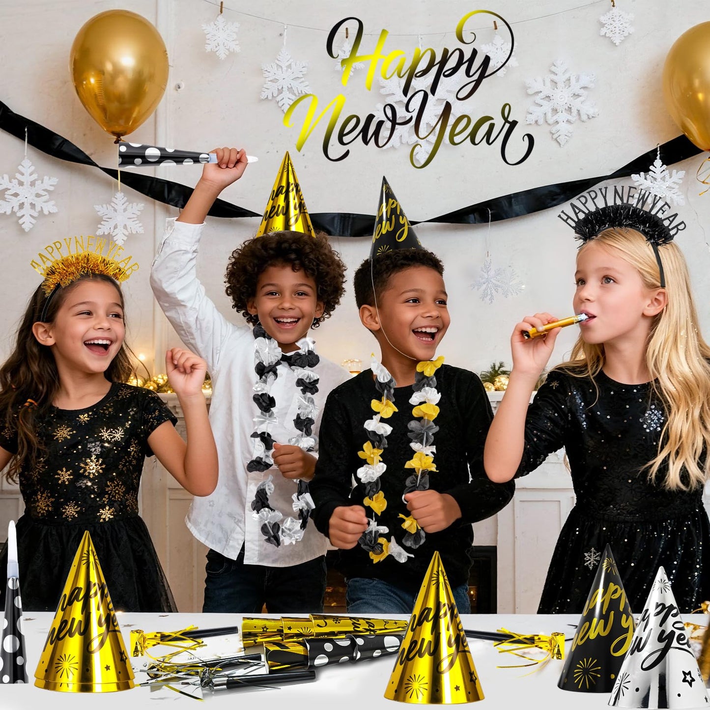 Atonofun 2026 New Years Eve Party Supplies for 20 Guests, 48 Pcs New Year Eve Party Hats and Horns, Headband, Tattoos, Blowouts, Leis 2026 New Year Party Favors