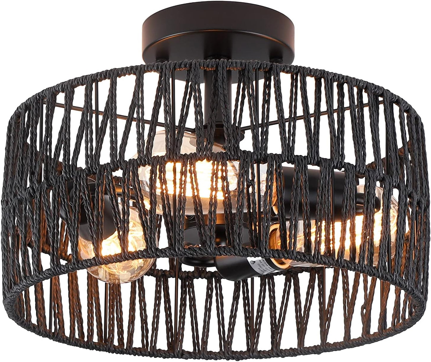 3-Light Antique Gold Woven Flush Mount Light Fixture Rustic Coastal Hemp Rope Brass Semi Flush Mount Ceiling Light for Hallway Bedroom Kitchen Entryway Farmhouse Living Room
