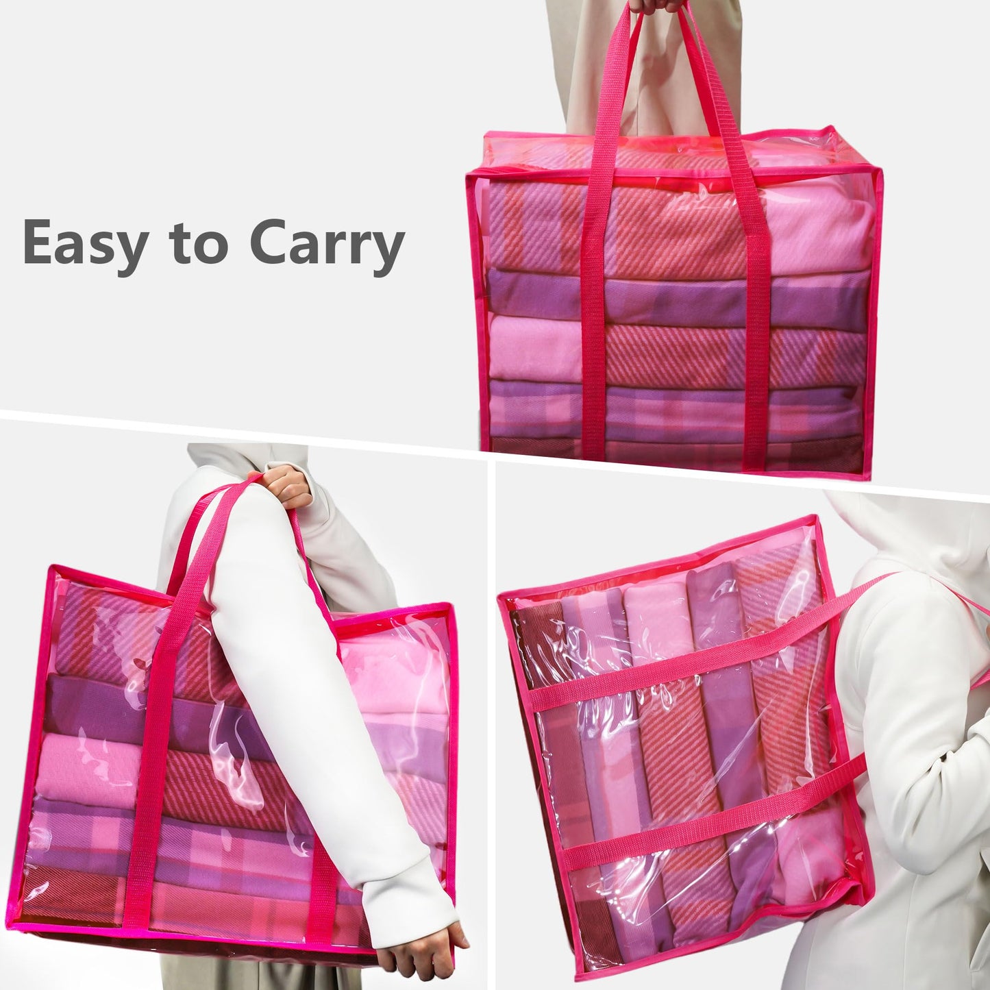 WADILE Pink Clear Clothes Storage Bag with Zipper, 3 Pack 90L Vinyl Storage Bag for Comforter, Blanket, Bedding, Duvet, Transparent Moving Totes