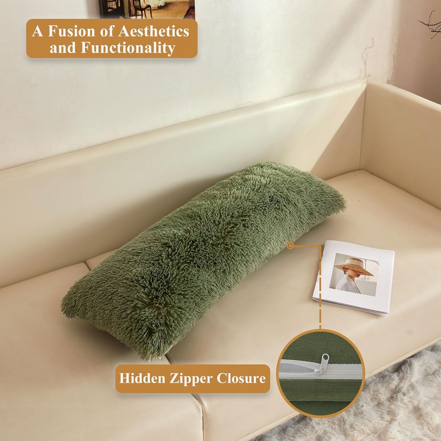 XeGe Fluffy Faux Fur Lumbar Pillow Cover - Cozy Moss Green Shaggy Design with Zipper | 14x36 Inches