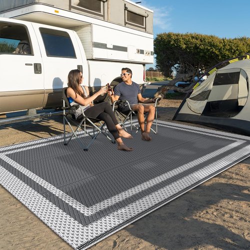 HappyTrends Outdoor Rug - Reversible Portable Plastic Straw Rug for Camping & Patio | Large 4'x6' White & Gray